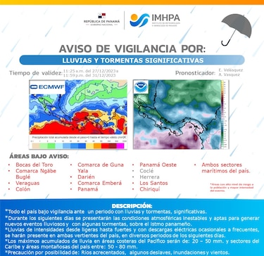 Aviso de vigilancia por lluvias y tormentas significativas, válido hasta el próximo 31 de diciembre 