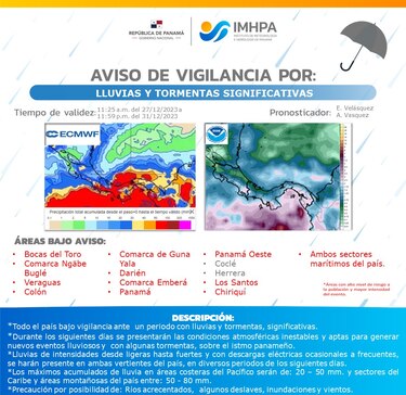 Aviso de vigilancia por lluvias y tormentas significativas, válido hasta el próximo 31 de diciembre