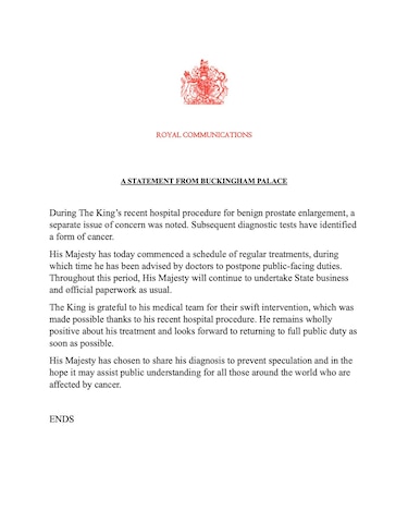 El rey Carlos III sufre un cáncer, anuncia el Palacio de Buckingham