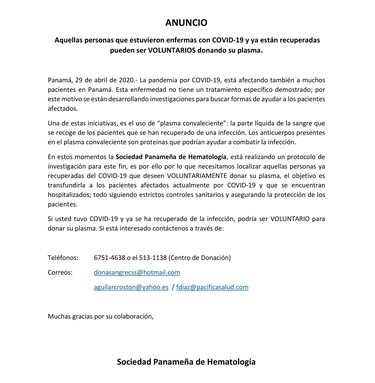 Sociedad Panameña de Hematología invita a pacientes recuperados de Covid-19 a donar plasma