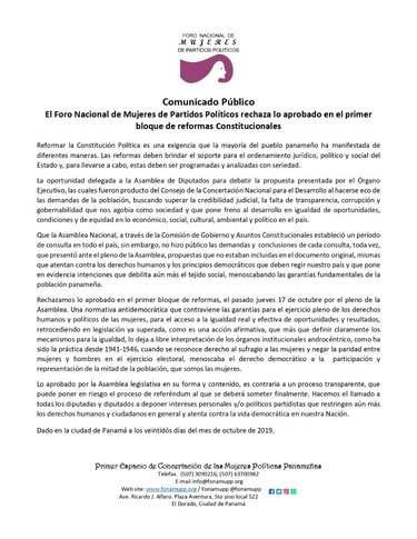 Mujeres de Partidos Políticos rechazan aprobación de reformas constitucionales