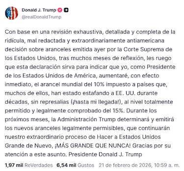 Trump dice que subirá el nuevo arancel global a un 15%