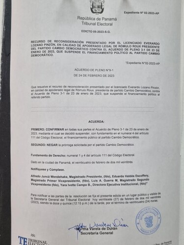 Tribunal Electoral rechaza recurso de CD; financiamiento público seguirá suspendido