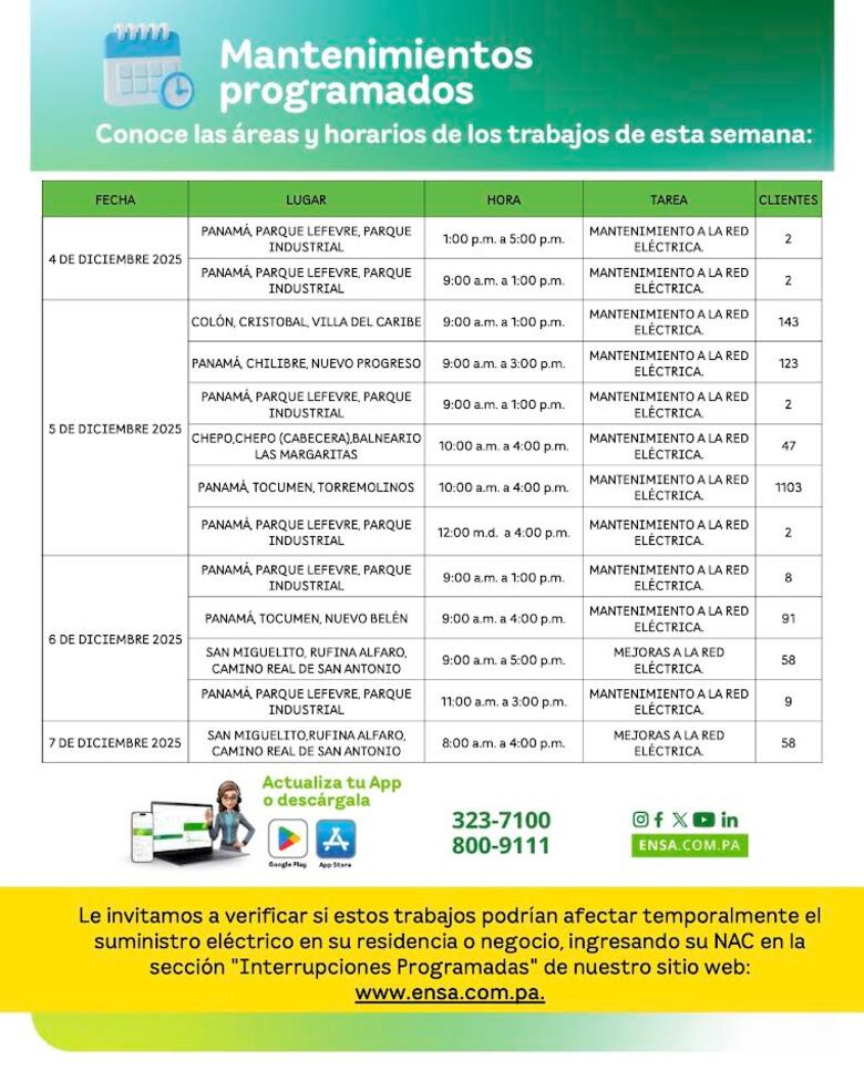 ENSA informa los mantenimientos programados del 1 al 7 de diciembre de 2025