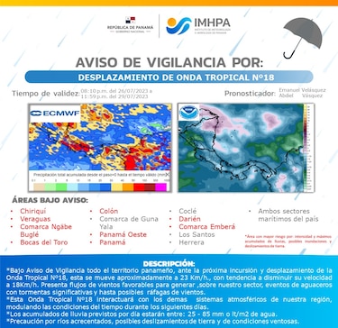 Emiten aviso de vigilancia por el paso de la onda tropical #18