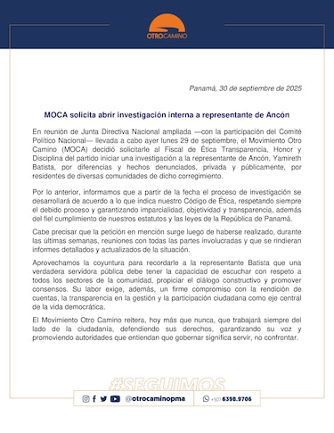 MOCA pide investigación interna contra la representante de Ancón