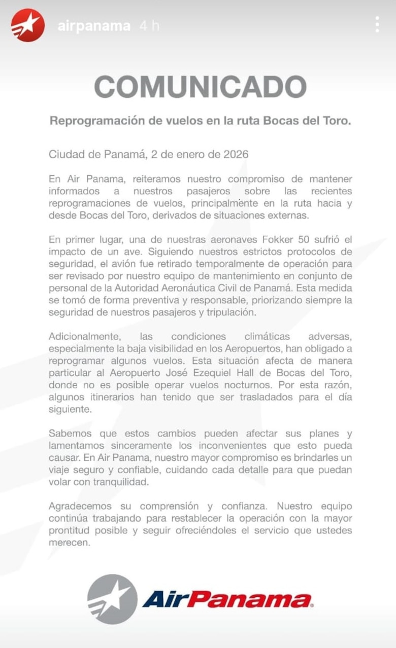 Air Panamá reprograma vuelos a Bocas del Toro por fallas técnicas y condiciones climáticas adversas