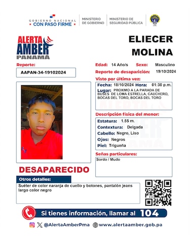 Alerta Amber: menor de 14 años desaparecido en Bocas del Toro fue localizado en Alanje, Chiriquí