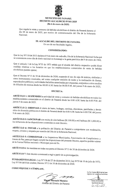 Publican en ‘Gaceta Oficial’ decreto que permite venta de licor el 9 de enero después de las 6:00 p.m.