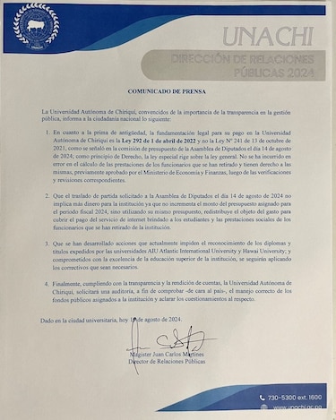 Unachi justifica pago de bonificaciones y anuncia que pedirá auditoría