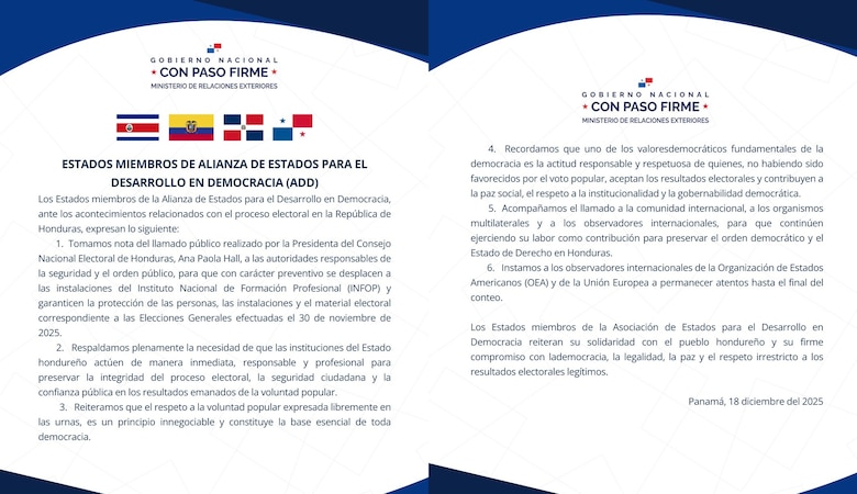 Panamá reitera llamado a respetar la voluntad popular en elecciones hondureñas