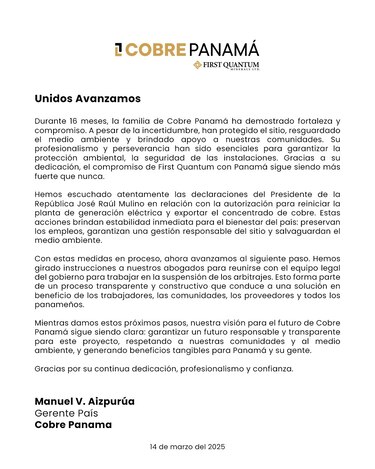 Cobre Panamá instruye a sus abogados a reunirse con el Gobierno para suspender los arbitrajes