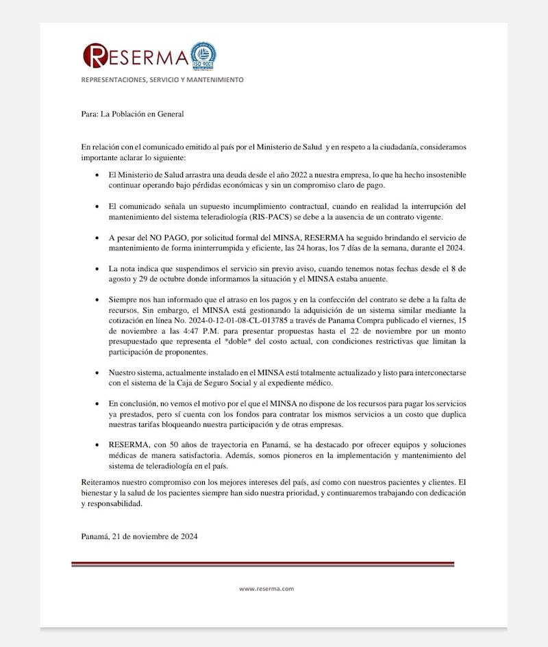 Comunicado de Reserma sobre la suspensión del servicio de radiología al Minsa.