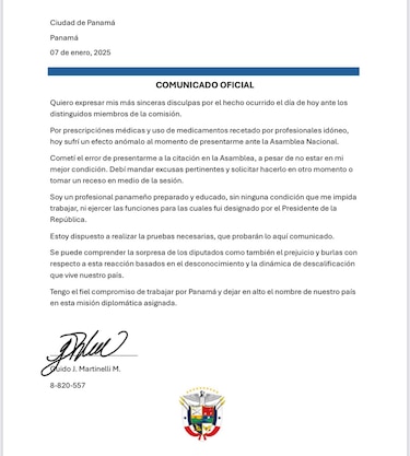 Embajador Guido Martinelli atribuye actuación errática en la Asamblea a efecto de los medicamentos