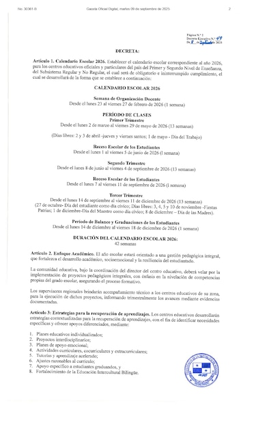 Meduca define calendario escolar 2026: clases iniciarán el 2 de marzo