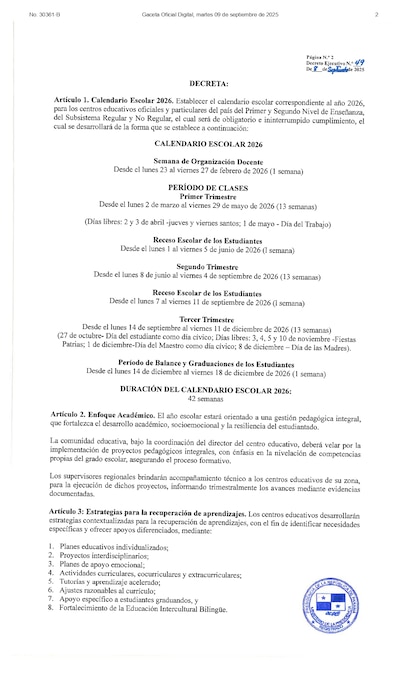 Meduca define calendario escolar 2026: clases iniciarán el 2 de marzo