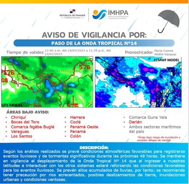 Está vigente un aviso de prevención por el paso de la onda tropical No. 14 en el país