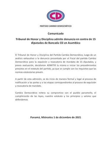 CD admite denuncia contra disidentes, abogado se queja