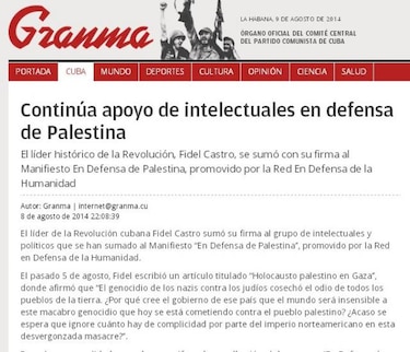 Fidel Castro suscribe manifiesto internacional 'En Defensa de Palestina'