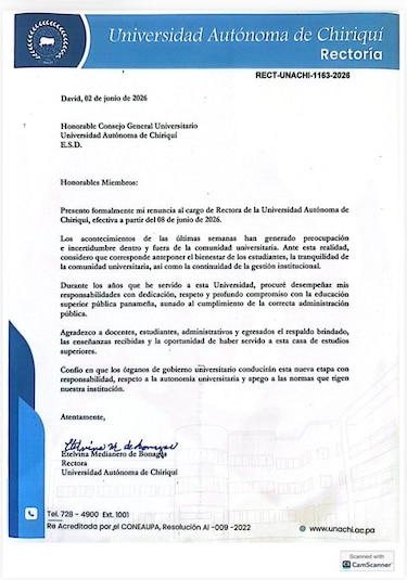 Rectora de la Unachi presenta su renuncia y deja el cargo a partir del 8 de junio de 2026