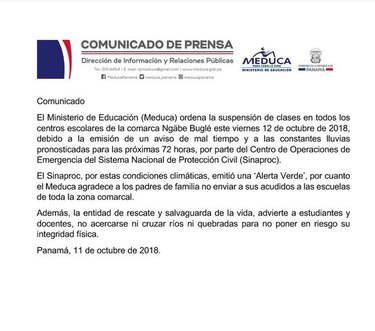 Meduca suspende clases en la comarca Ngäbe Buglé