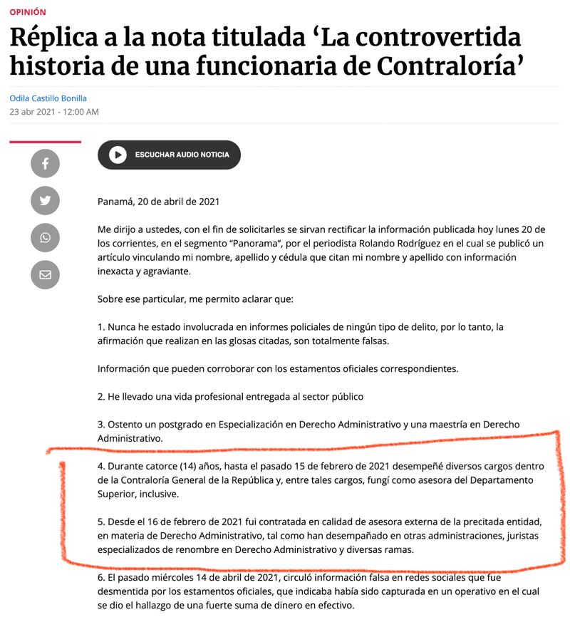 La abogada Odila Castillo envió una nota de réplica a este medio en abril de 2021, en la que afirmaba que estaba contratada en la Contraloría desde el 16 de febrero de 2021. Imagen del sitio web de La Prensa