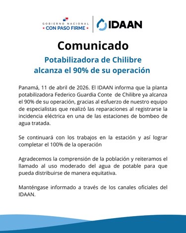 Planta potabilizadora de Chilibre opera al 90%