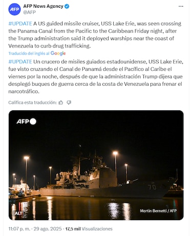 Estados Unidos movilizó el buque portamisiles Lake Erie por el Canal de Panamá rumbo al Caribe, cerca de Venezuela