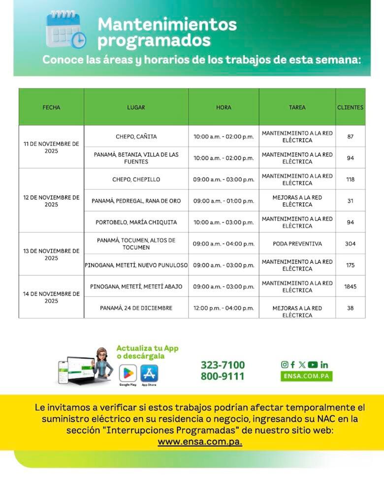 ENSA informa los mantenimientos programados del 11 al 16 de noviembre de 2025