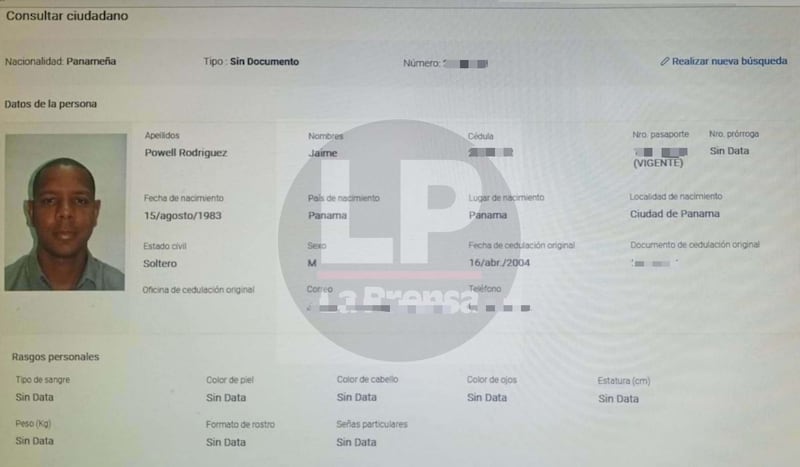 Información que aparece en la base de datos de las autoridades venezolanas, sobre el panameño Jaime Powell Rodríguez