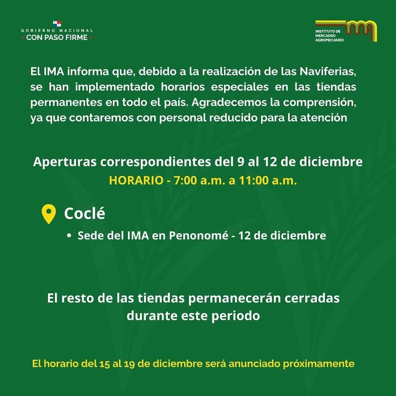 Las tiendas permanentes del IMA estarán cerradas en los próximos días