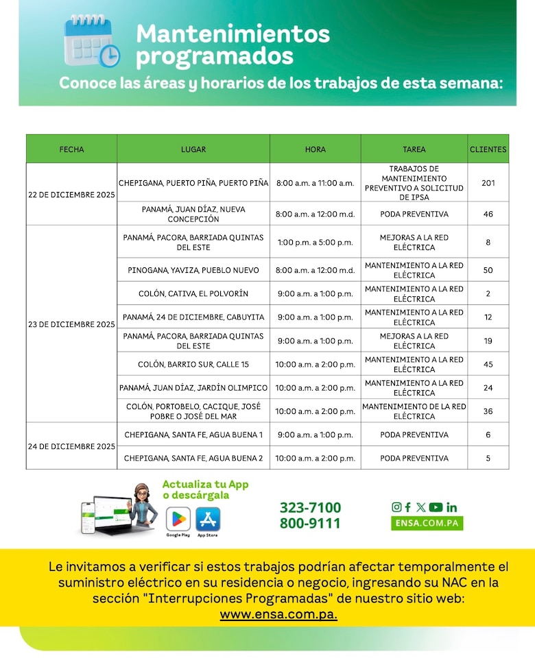 ENSA informa los mantenimientos programados del 22 al 27 de diciembre de 2025