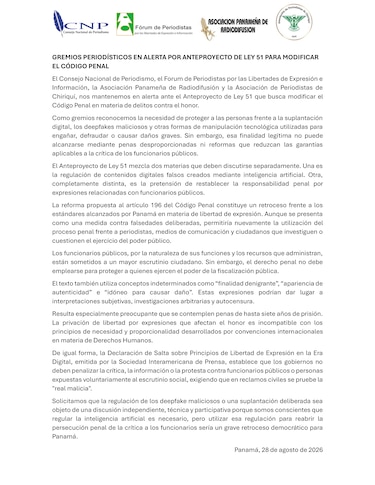 Gremios periodísticos alertan que el anteproyecto de ley 51 pone en riesgo la libertad de expresión