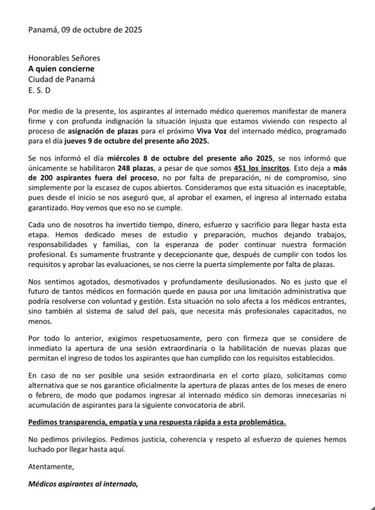 Aspirantes al internado médico denuncian exclusión de 203 plazas y piden una solución urgente