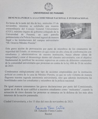 Universidad de Panamá denuncia que la Policía Nacional violó su autonomía