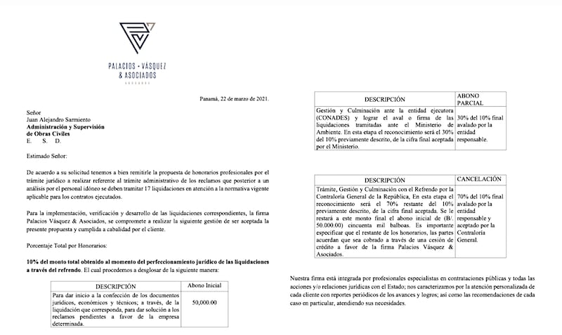 El 22 de marzo de 2021, la firma Palacios Vásquez & Asociados envió una carta a la empresa Administración y Supervisión de Obras Civiles, detallando el monto de sus honorarios profesionales por la gestión de 17 liquidaciones de contratos ejecutados para el Estado. Facsímil/Cortesía