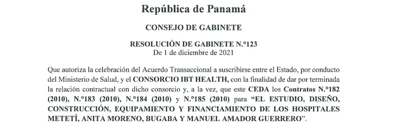 Resolución de Gabinete 123 del 1 de diciembre de 2021, que autoriza al ministro de Salud a negociar con el consorcio IBT Health.