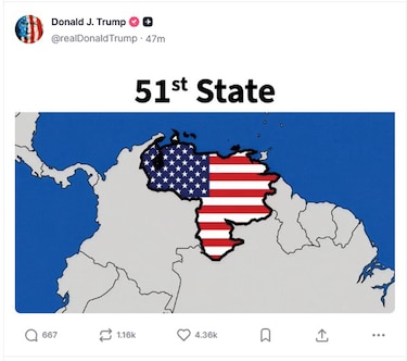 Trump comparte una imagen del mapa de Venezuela pintado con la bandera de Estados Unidos