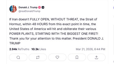 Trump amenaza con atacar las centrales eléctricas de Irán si no abre el estrecho de Ormuz