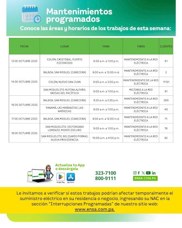 ENSA informa los mantenimientos programados del 13 al 18 de octubre de 2025