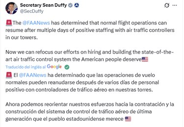 Tráfico aéreo en Estados Unidos vuelve a la normalidad tras días de recortes por el cierre federal