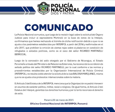 La Policía Nacional dice que rechazó trámite para incluir a Martinelli en alerta roja de Interpol