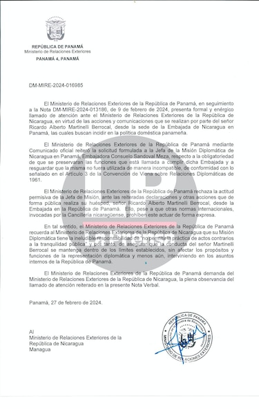 Cancillería panameña le reclama a Nicaragua por permitir que Martinelli altere la ‘tranquilidad pública’