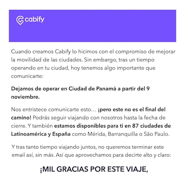 Cabify anuncia a sus usuarios que dejará de operar en Panamá