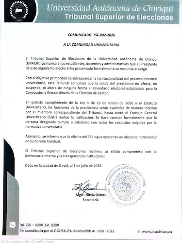 Renuncia en el Tribunal Electoral de la Unachi reaviva dudas sobre la legalidad de la elección