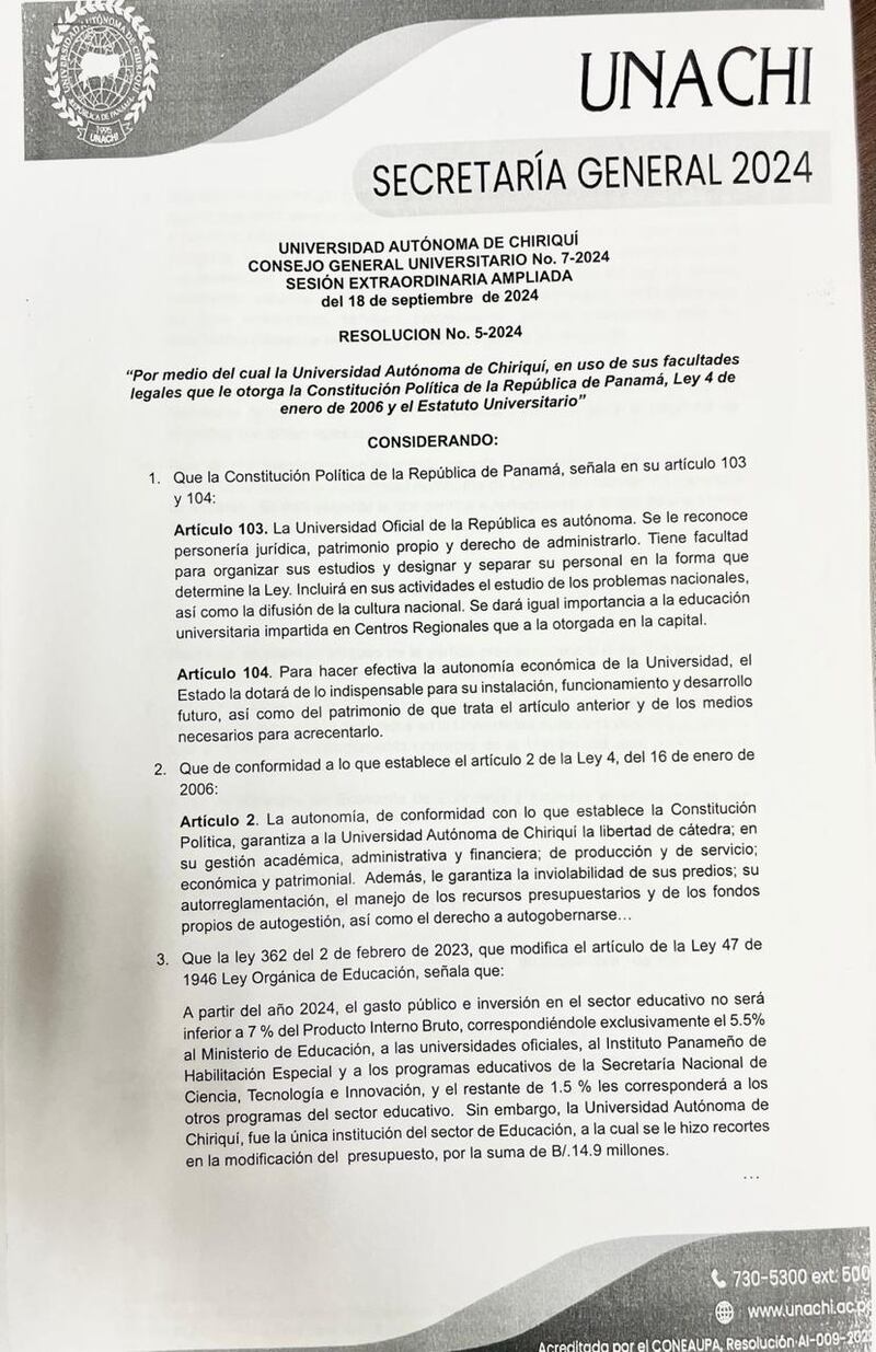 Resolución del Consejo General Universitario de Unachi del 16 de septiembre de 2024.