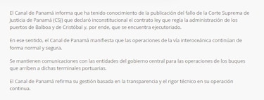 El Canal de Panamá asegura que las operaciones continúan normales y seguras tras fallo de la CSJ sobre puertos