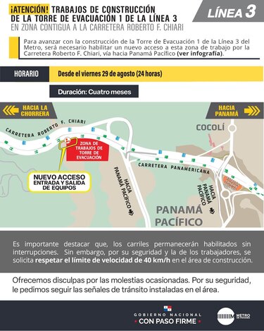 Metro de Panamá anuncia cierre temporal en zona contigua a la carretera Roberto F. Chiari
