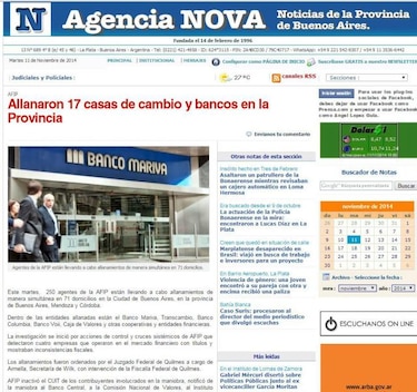 Autoridades argentinas allanan 70 bancos, casas de cambio y financieras
