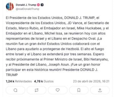 Israel y Líbano extienden el alto el fuego tres semanas, anuncia Trump